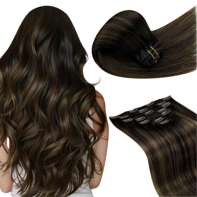 LaaVoo Human Hair Clip in Extensions Darkest Brown Balayage Light Brown Clip in Hair Extensions Real Human Hair Long Clip on Hair Extensions Human Hair Long Straight Double Weft 22 Inch 7Pcs 120g - Image 1